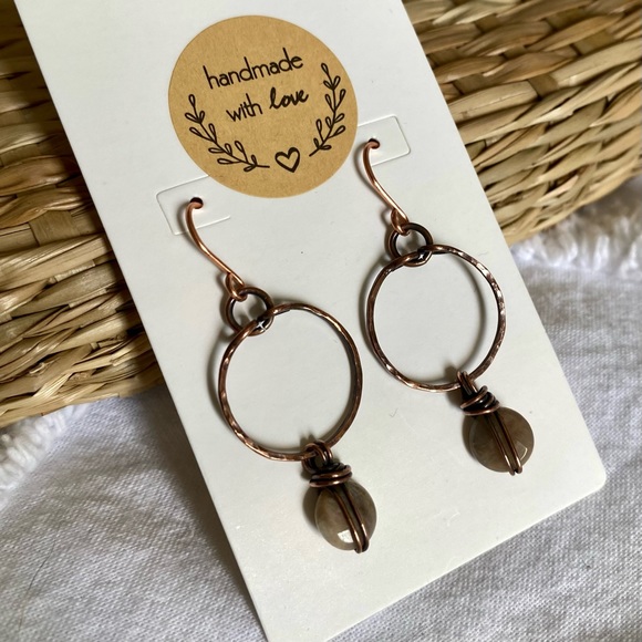 Handcrafted Moonstone + Copper Dangle Hoop Earrings - Picture 4 of 6